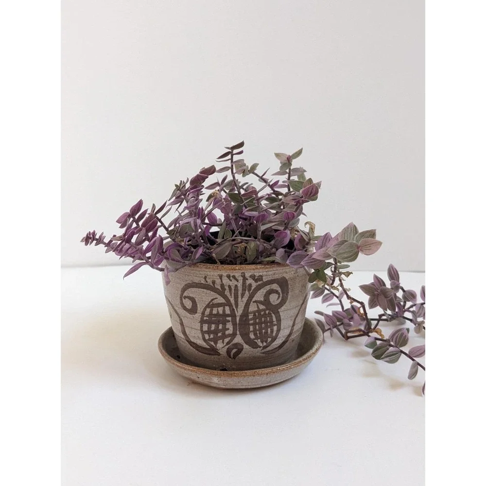 Vintage 1970s Studio Pottery Planter Saucer Small Butterfly Hand Painted Pot 3